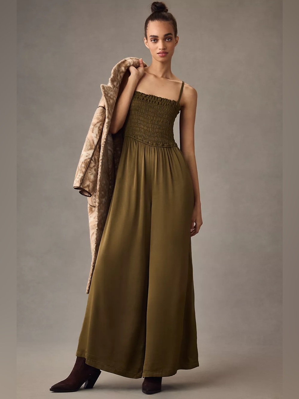 Pilcro Smocked Wide Leg Jumpsuit in Bronzy Moss